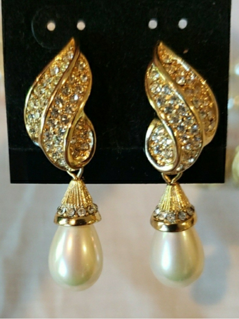 Vtg Gold Pearl Drop Earrings with Crystal Accents